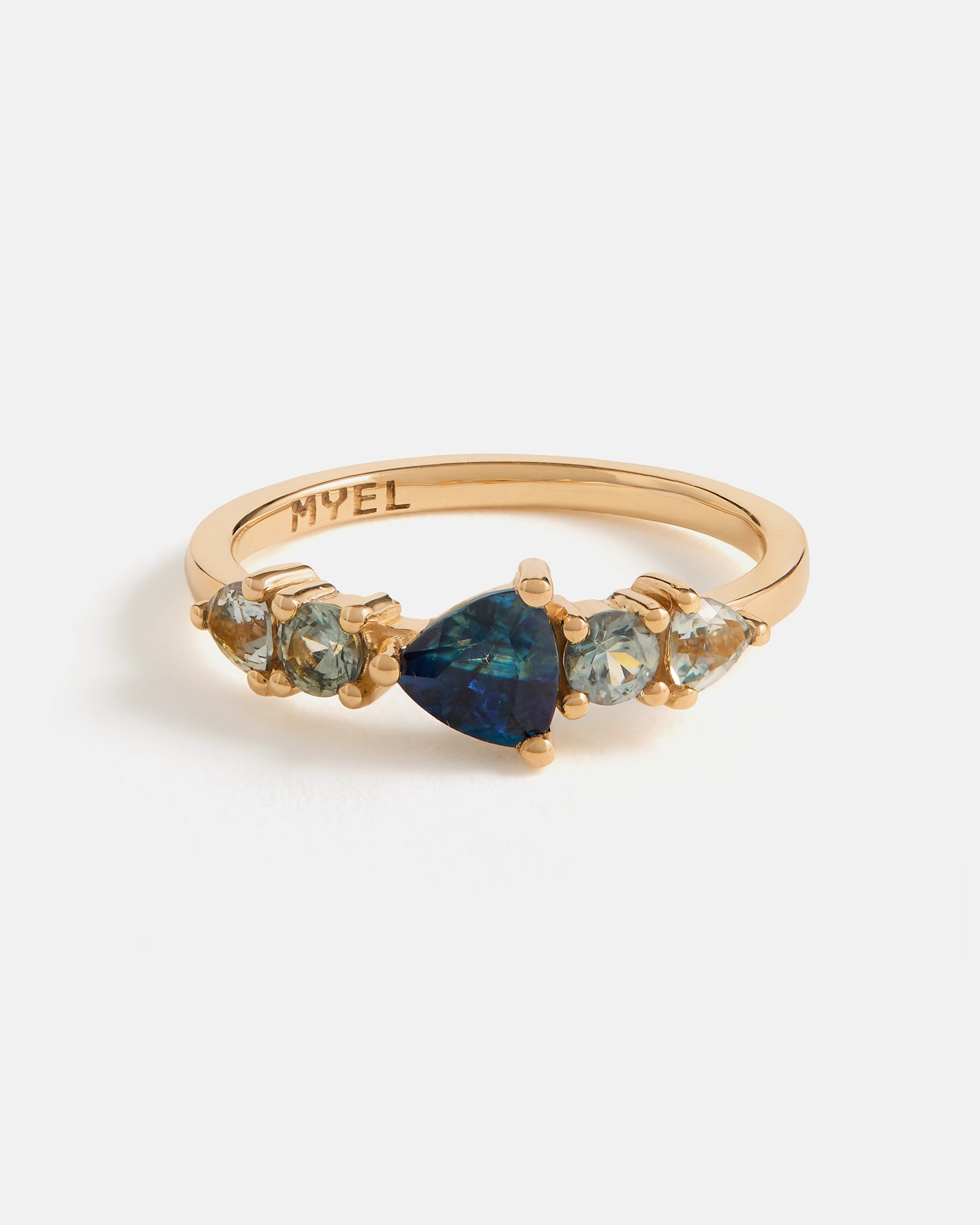 Bague Trillion Cluster en Or 14K Fairmined avec Saphirs Bleus