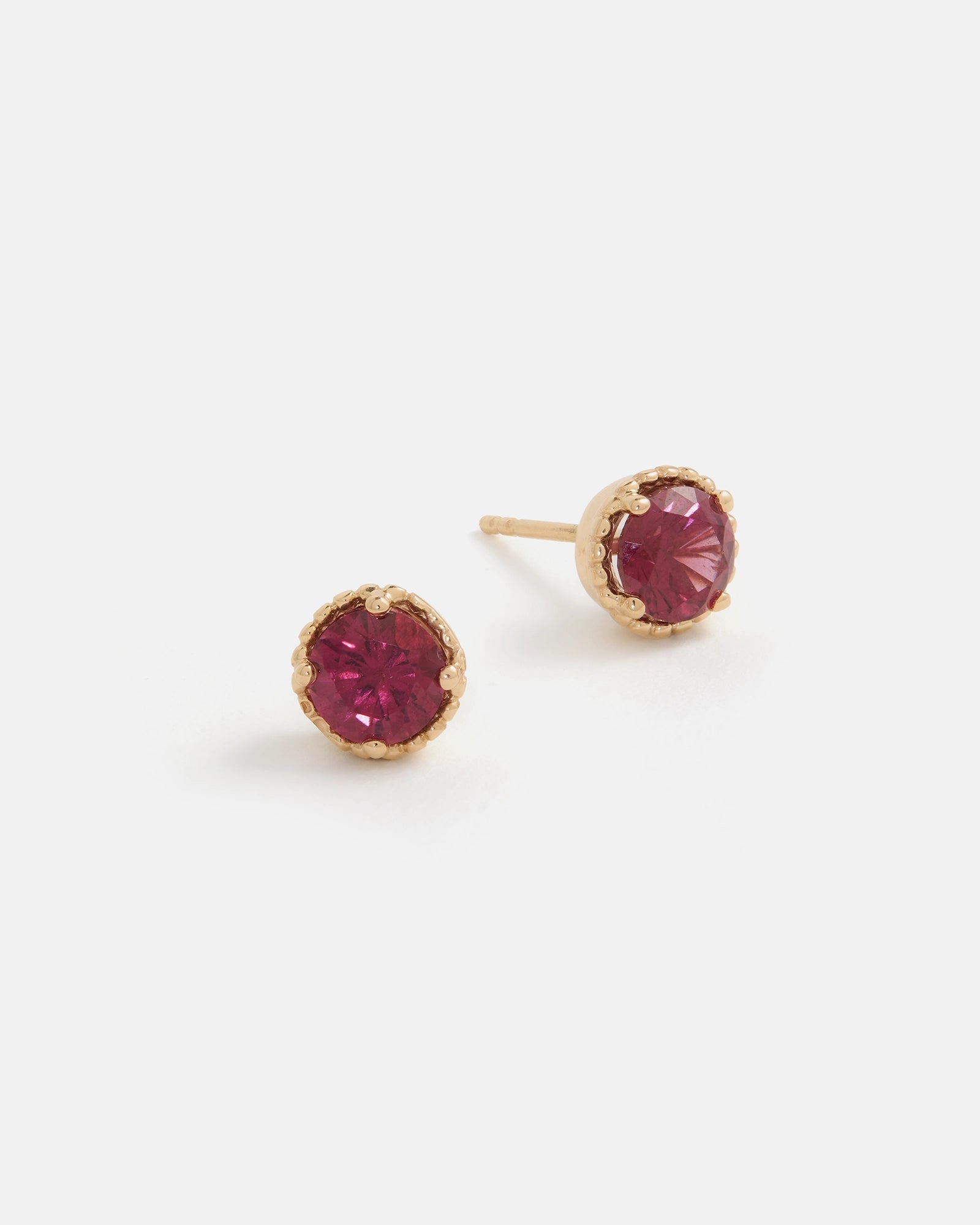 Galatée Stud Earrings in 14k Yellow Gold with raspberry-toned Tanzanian Moyo Garnet