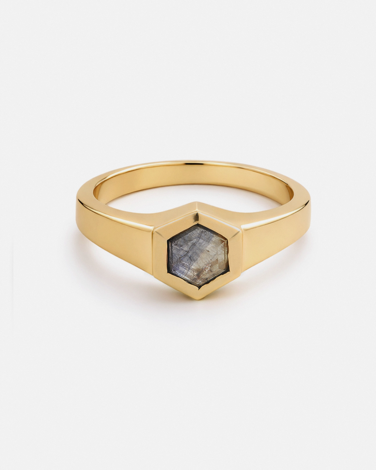 Bague Signet Hexagonal en Or avec Saphir