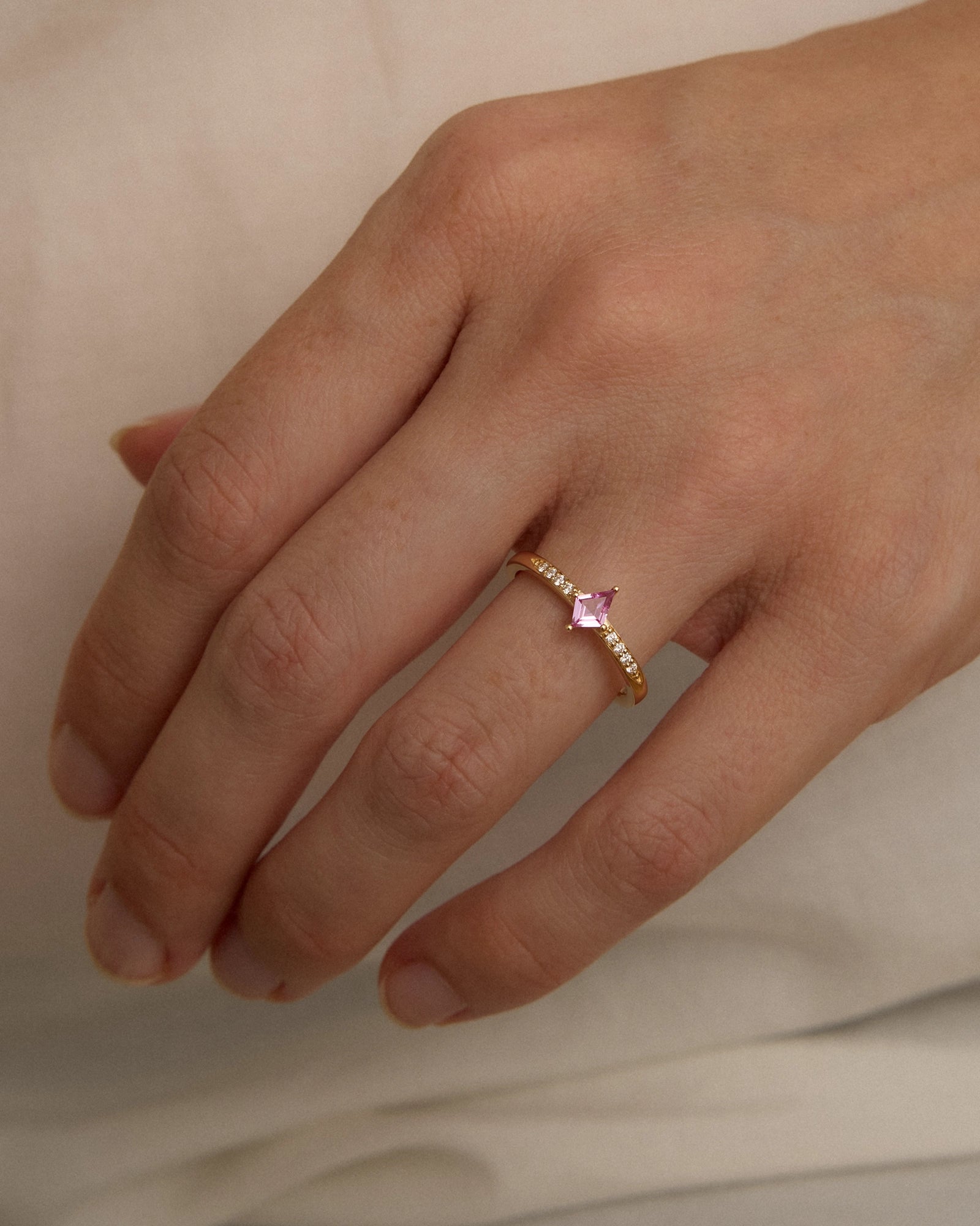 Custom Ring - Kite Pavé Ring in Fairmined Gold with Pink Sapphire and Lab Grown Diamonds