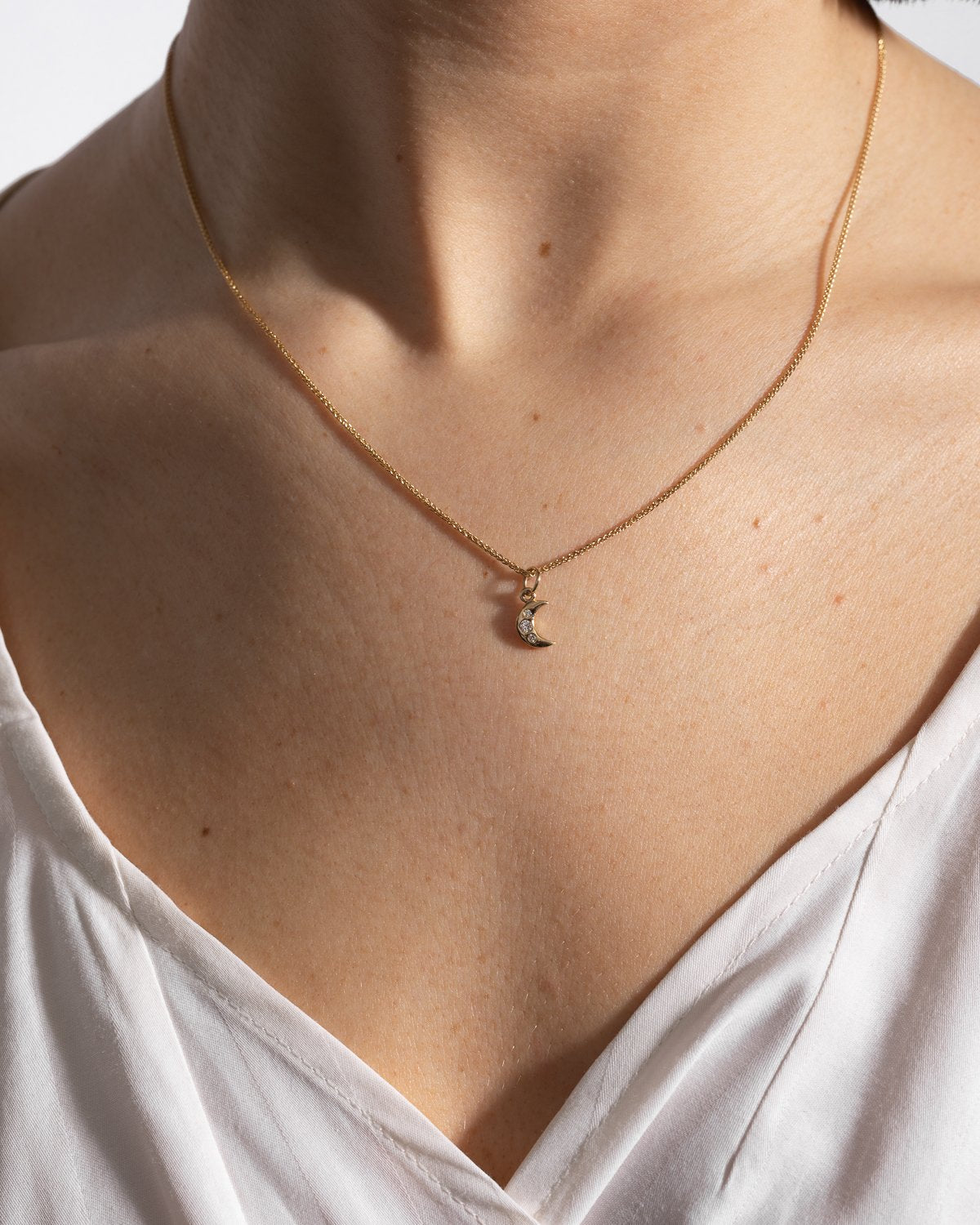 Moon Pendant in Gold & Diamonds Worn